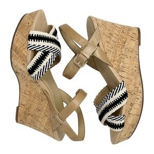 Naturalizer Women Zia2 Leather Fabric Ankle Strap Wedge Sandals Black White 8M